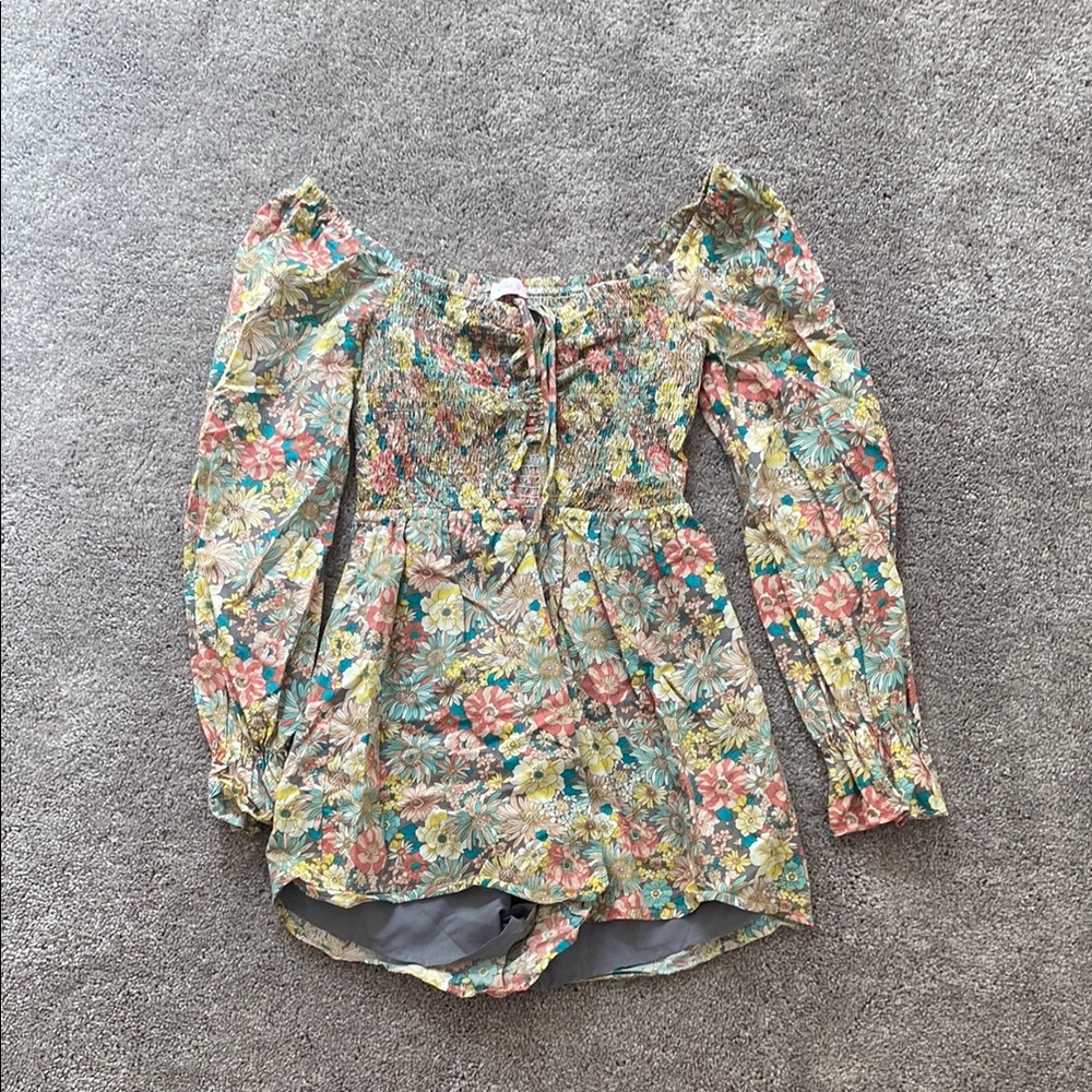 Pink Lily Smocked Tie Front Blouse in Pink and Green